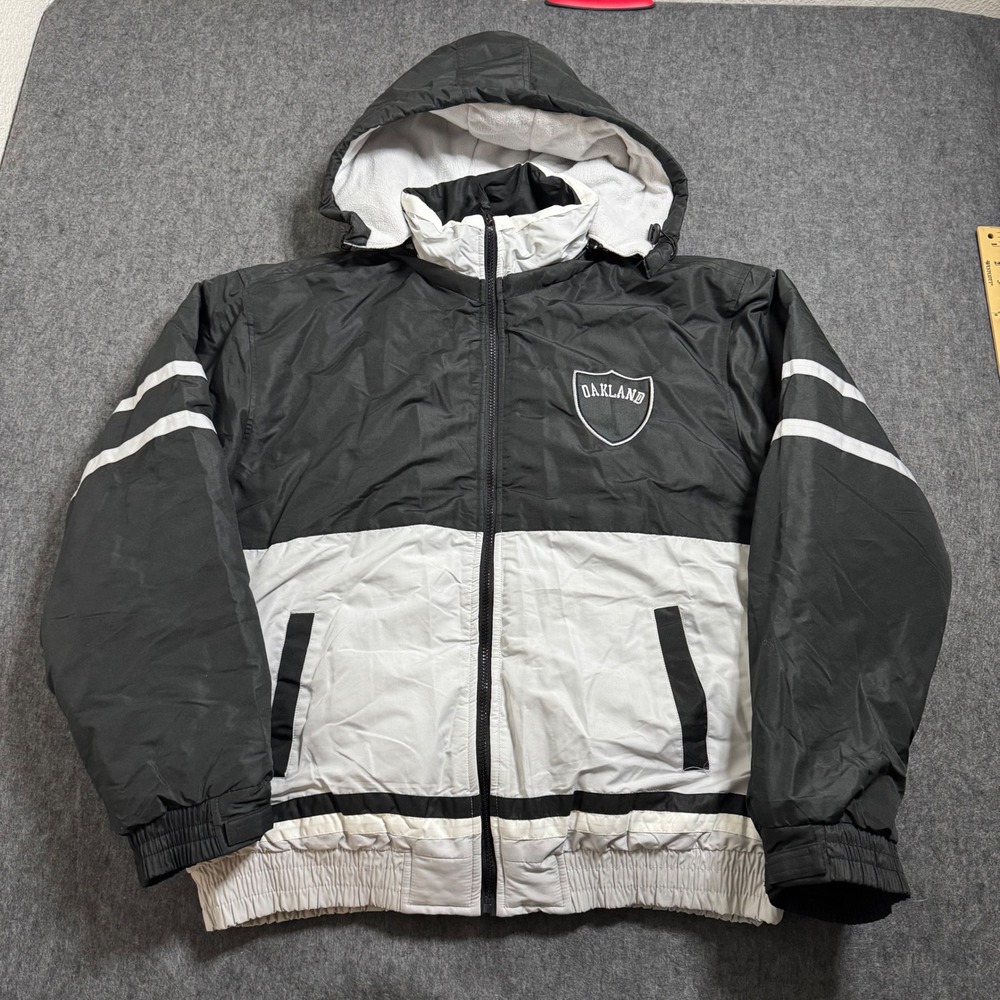 VTG 90s DS Oakland Raiders Puffer Jacket Black White Mens XL Retro Streetwear